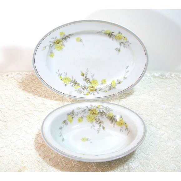 Charles Ahrenfeldt Limoges Oval Platter And Oval Bowl, Yellow Roses - Picture 4 of 6